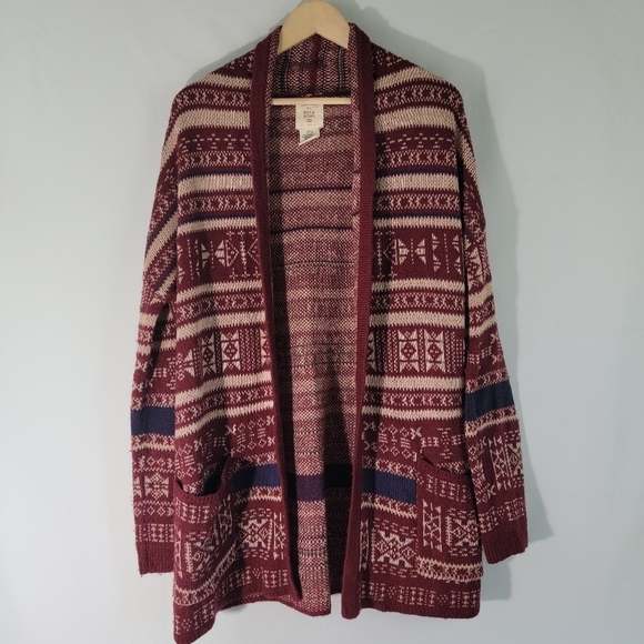 Billabong Women Red Aztec Open Cardigan Sz L Academia Fall Pocket Cabincore Cozy - Picture 2 of 12